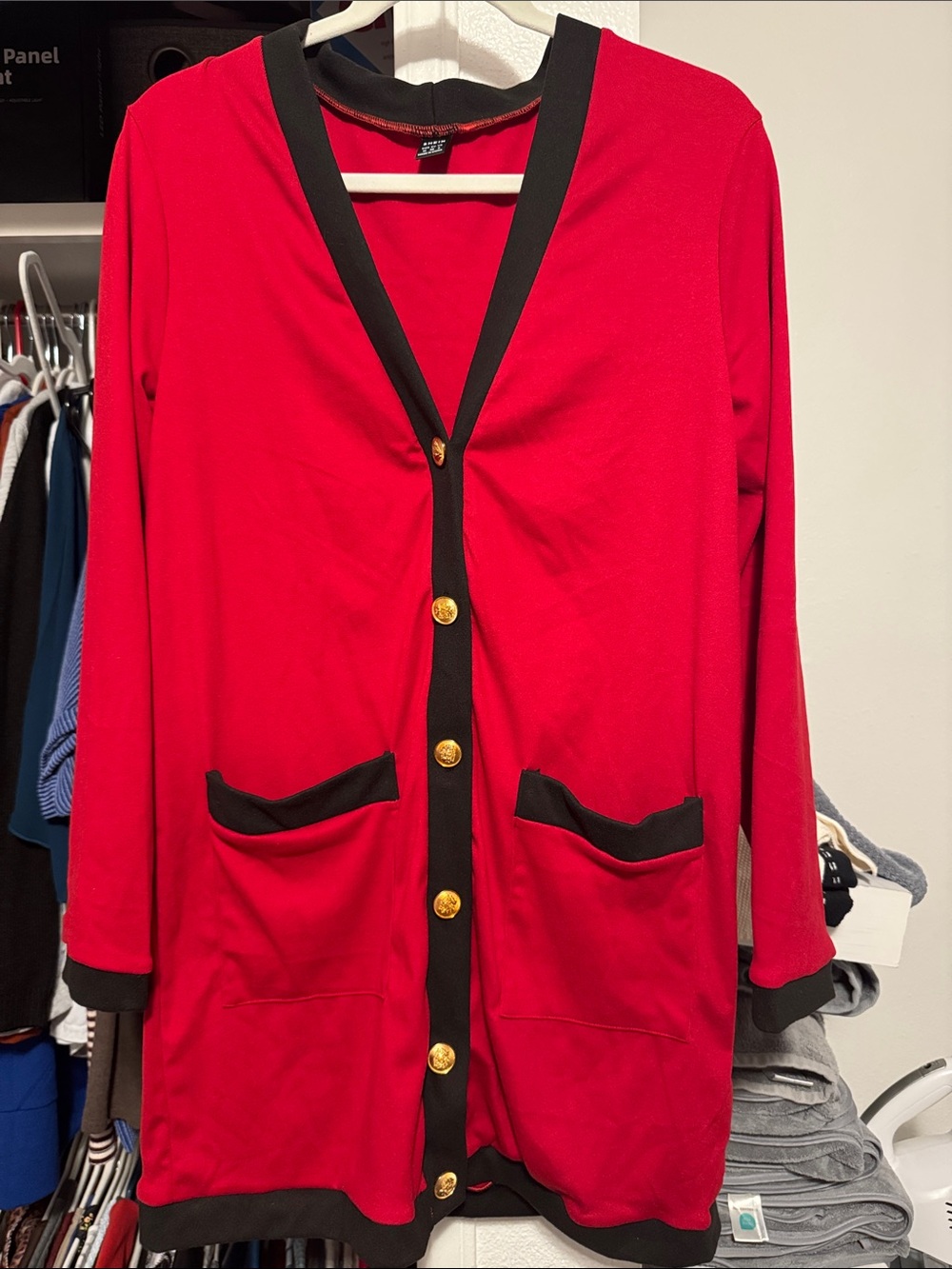 Red Long Cardigan with Black Trim and Gold Buttons